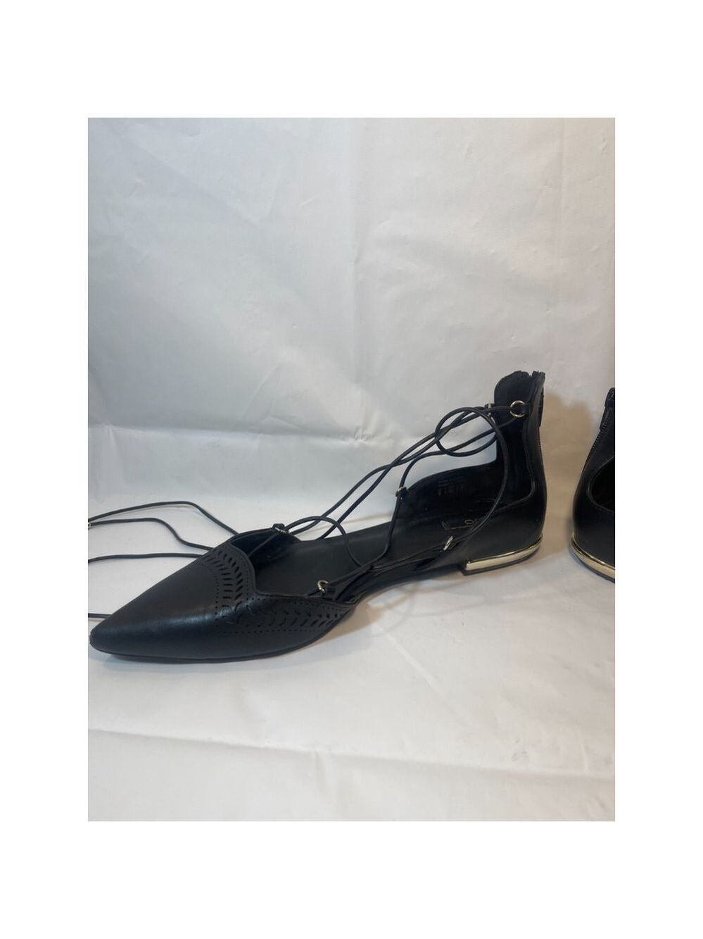 Aldo Women's Black Leather Lace Up Gladiator Pointed Toe Back Zip Flat Shoes 9 - Picture 8 of 12